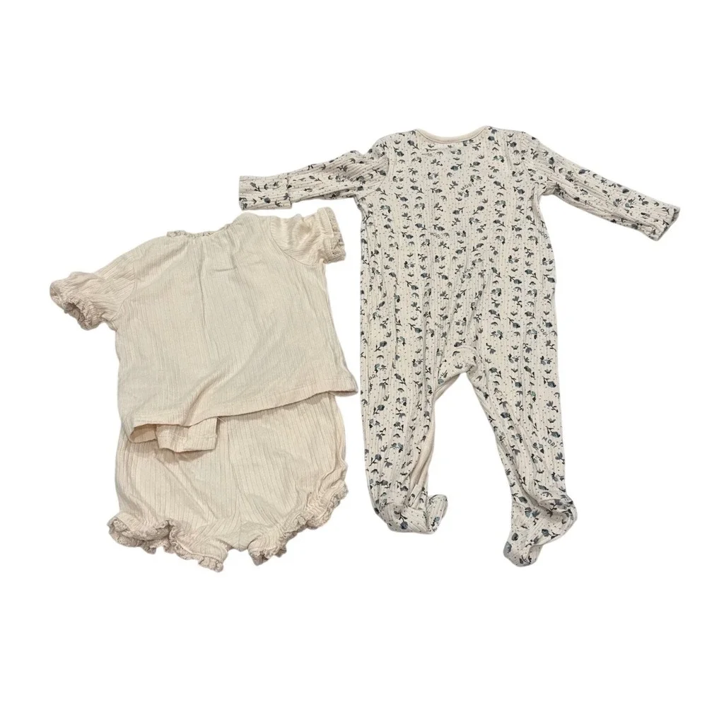 MORI Sleeper Cardigan Bloomers Baby 0-3M Cream Floral Ribbed Bamboo Cotton Set